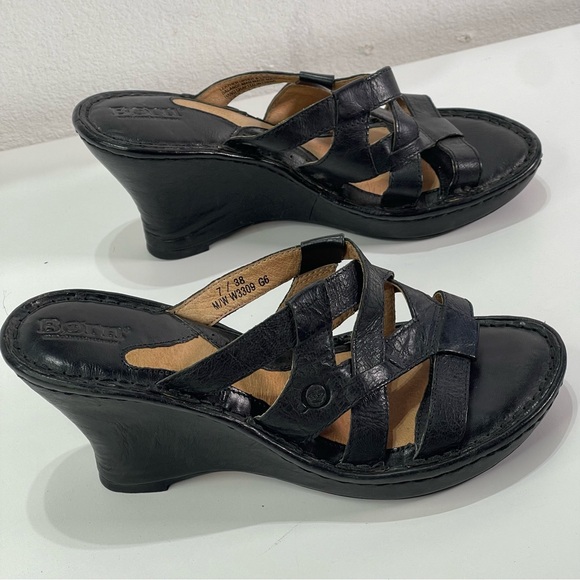 Born Leather Wedge Sandals Women 7 Black Strappy Slides Slip On Y2K Style Indie - Picture 5 of 10